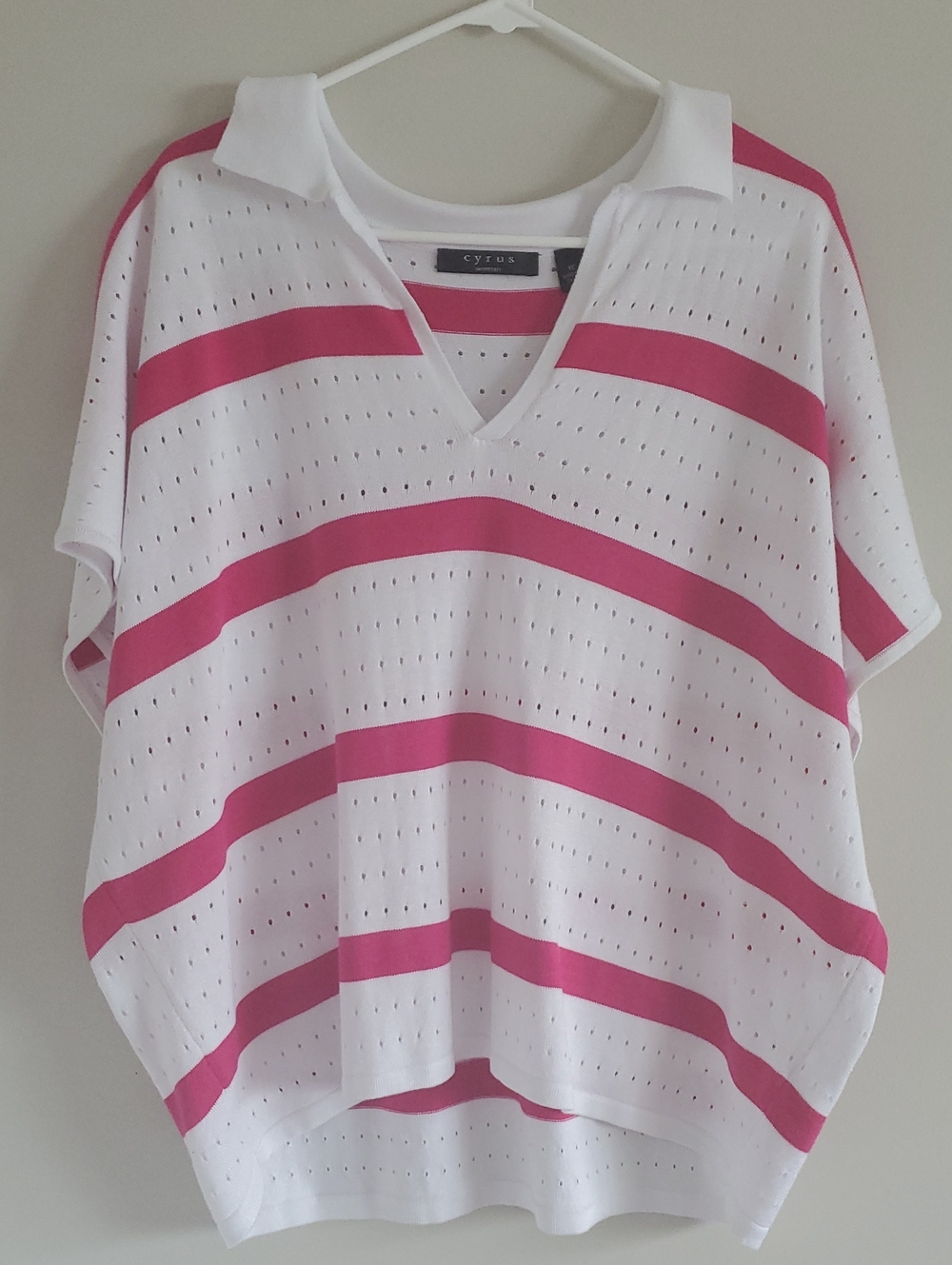 NWT Cyrus White Beetroot Purple Striped V-Neck Openwork Knit Boxy Blouse Sz 1X